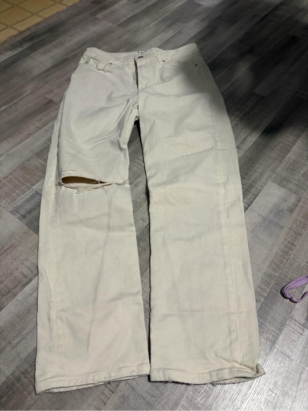 PAIGE Cream Straight-Leg Jeans with Knee Rip